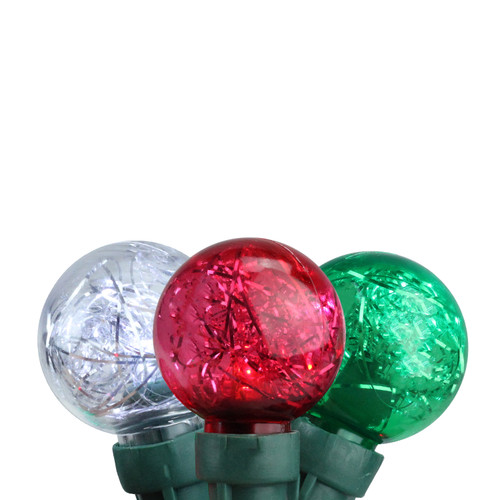 Set of 25 Red, Green, and Pure White Tinsel Wide Angle LED G30 Globe Christmas Lights - 16 ft Green Wire