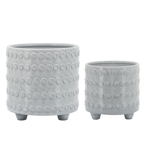 Set of 2 White Ceramic Dotted Footed Planters 8"