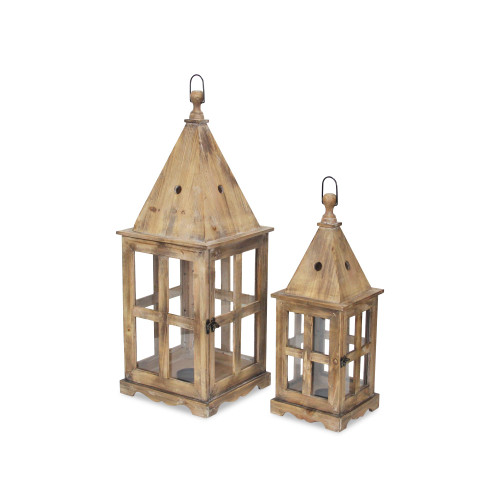 Set of 2 Brown and Clear Distressed Handmade Lantern with Glass Window 32"