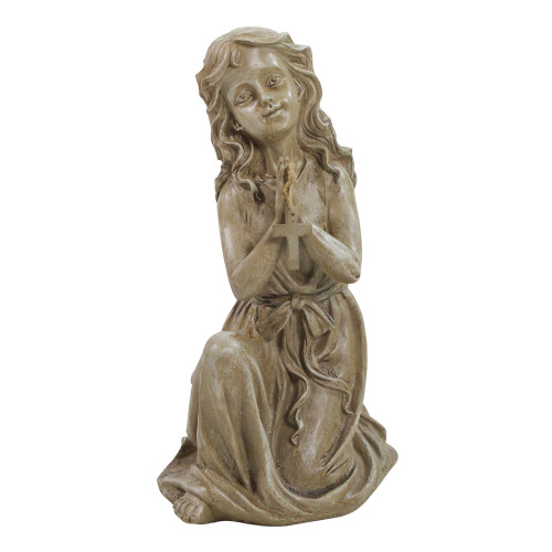 14.5" Brown Kneeling Angel with Cross Outdoor Garden Statue