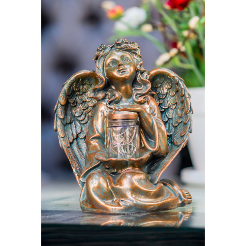10.5" Brown Angel Sitting Light In Jar with Solar LED