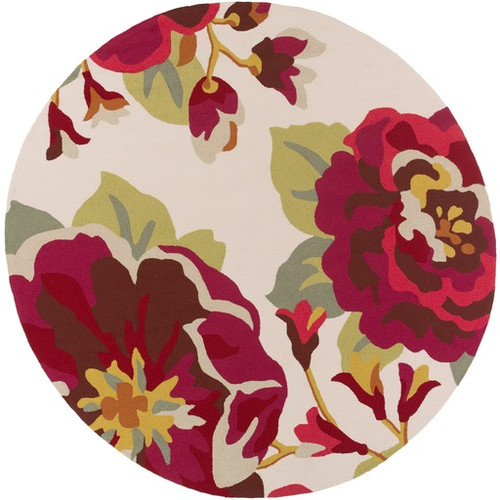 8' Dancing Dahlias Red and Ivory Hand Hooked Floral Round Outdoor Area Throw Rug