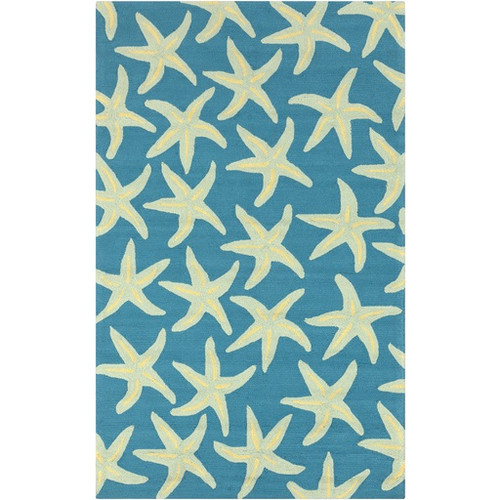 3' x 5' Starfish Delight Light Green and Teal Hand Hooked Outdoor Patio Area Throw Rug