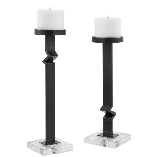 Set of 2 Black and Clear Contemporary Candleholders 19"