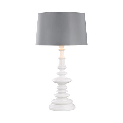 37" White Spindled Outdoor LED Table Lamp with Round Silver Nylon Hardback Shade