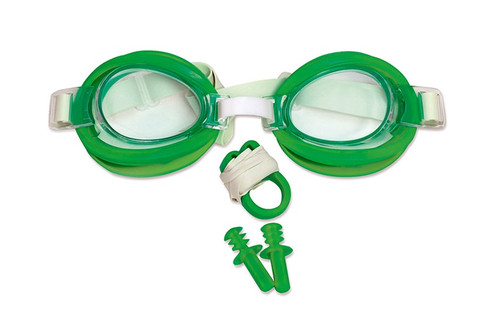 6" Green Goggles, Ear Plug and Nose Clip Swimming Pool Accessory Combo Set for Juniors