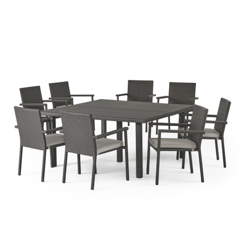 9-Piece Gray Wicker Outdoor Furniture Patio Dining Set - Silver Cushions