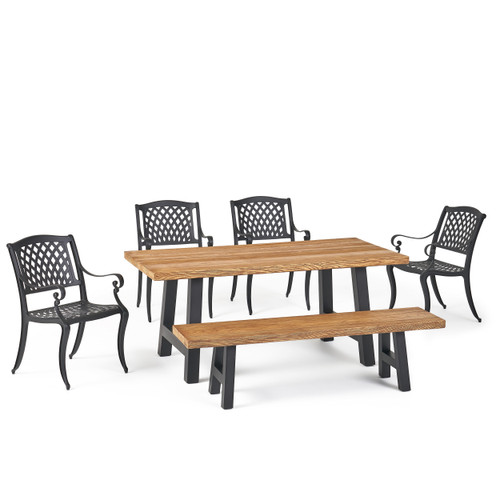 6-Piece Natural Brown and Black Finish Outdoor Furniture Patio Dining Set