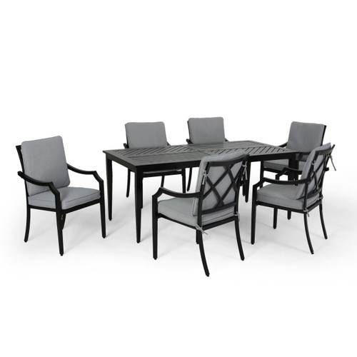 7-Piece Matte Black Outdoor Furniture Patio Dining Set - Gray Cushions
