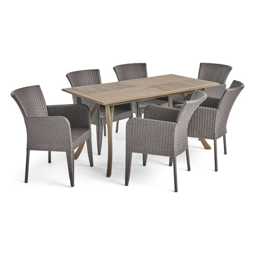 7-Piece Anchor Gray Finish Rectangle Wicker Outdoor Furniture Patio Dining Set