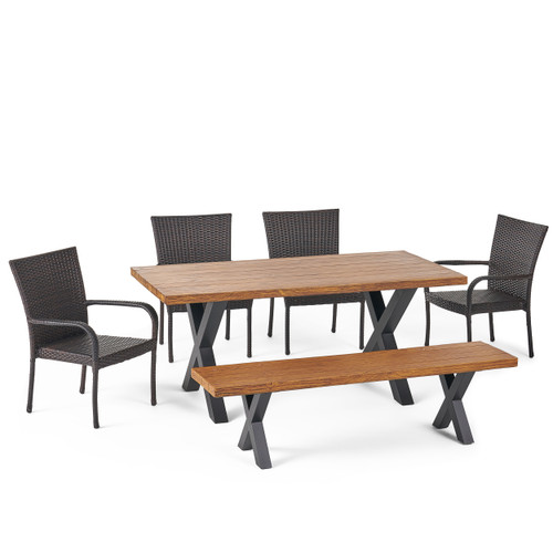 6-Piece Walnut Brown and Black Finish Outdoor Furniture Patio Dining Set