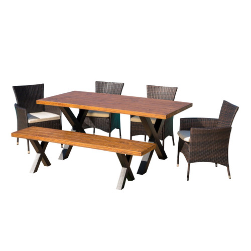 6-Piece Walnut Brown and Black Finish Outdoor Furniture Patio Dining Set - Beige Cushions