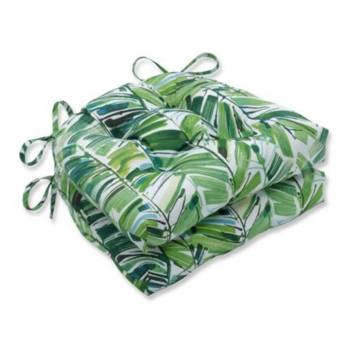 Set of 2 Green and White Tropical Design Tufted Reversible Chair Pads 16"