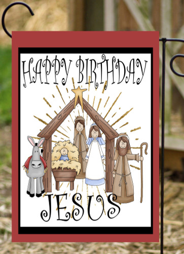 White, Brown, and Black "Happy Birthday Jesus" Christmas Decorative Rectangular Garden Flag 18" x 12"