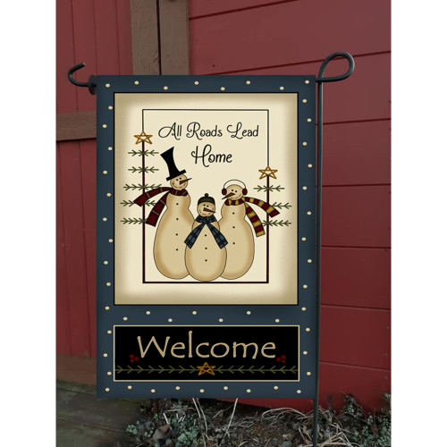 Blue and Ivory Snowmen "All Roads Lead Home" and "Welcome" Outdoor Garden Flags 18" x 12"