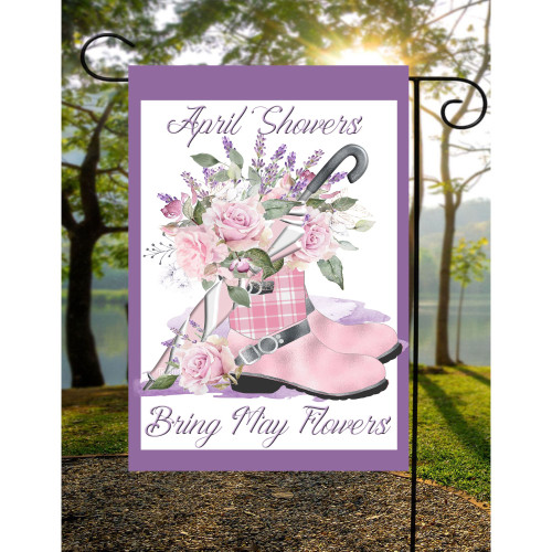 Pink and Purple April Showers Bring May Flowers Rectangular Garden Flag 18" x 12"