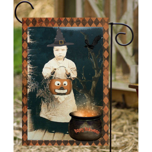 Orange and Black Old Photo Halloween Bucket Girl Rectangular Garden Flag 18" x 12"