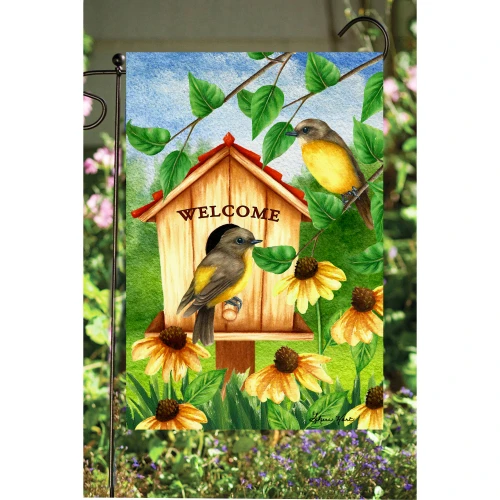 Warm and Vibrant "Welcome Birdhouse" Decorative Rectangular Garden Flag 18" x 12"