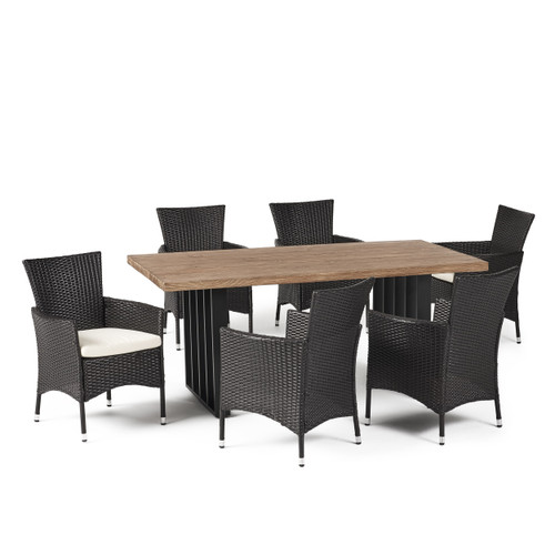 7-Piece Natural Oak Finish Rectangular Outdoor Furniture Patio Dining Set - Beige Cushions