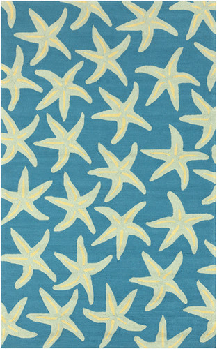 5' x 8' Starfish Delight Light Green and Teal Hand Hooked Outdoor Patio Area Throw Rug