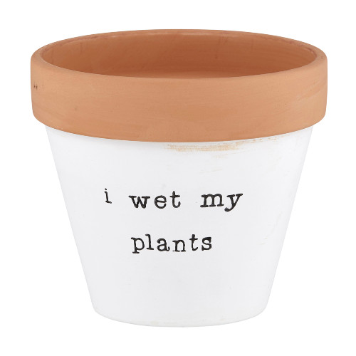 6" White and Brown Round Clay Planter with "I Wet My Plants" Design