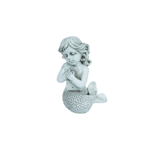 12.75" White and Gray Mermaid Kneeling by Holding Shell Garden Statue