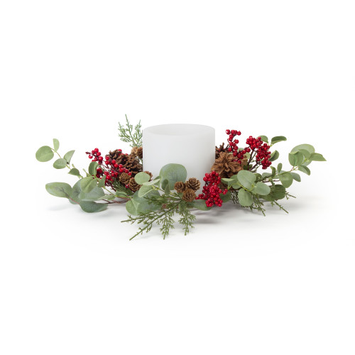 Pack of 4 Green and Red Mixed Artificial Eucalyptus Leaf with Berries Candle Ring 8"