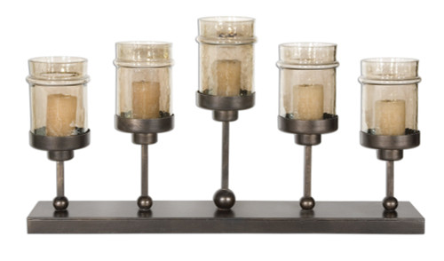 28" Hand Forged Antiqued Bronze Hurricane Candelabra Candle Holder with Candles