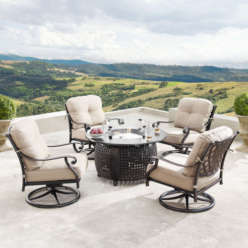 5-Piece Black Outdoor Patio Round Fire Table with Four Swivel Rocking Chairs 44"