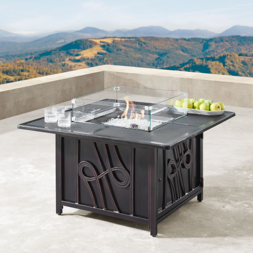 42" Charcoal Black and Clear Square Propane Outdoor Fire Table with Wind Blockers