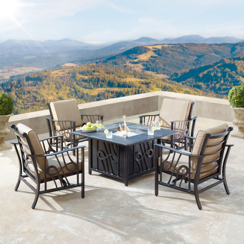 5-Piece Brown and Black Fire Table with Deep Seating Rocking Chairs 42"