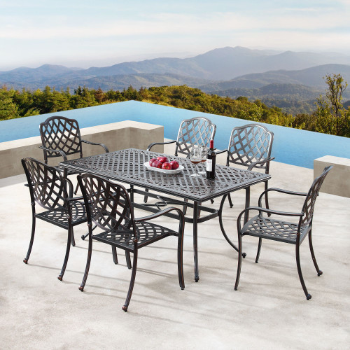 7-Piece Bronze Ornate Rectangular Outdoor Patio Furniture Dining Table Set 64"