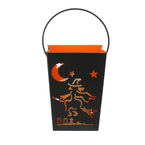 7.25" Black and Orange Flying Witch on Broom Halloween Candle Lantern Luminary