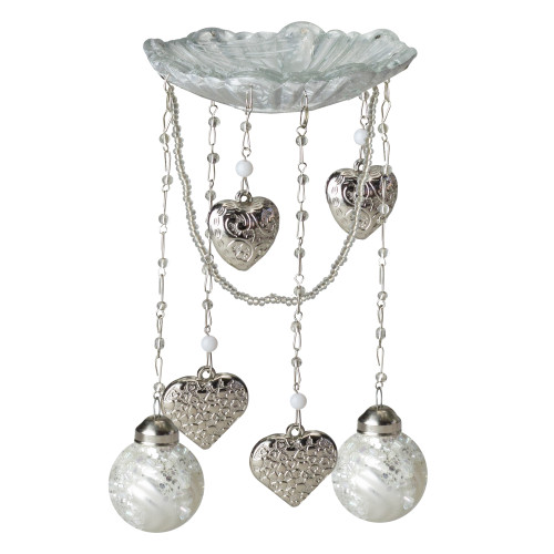 6.5" Frosted White and Silver Glass Bobeche Candle Ring w/ Hanging Heart Charms