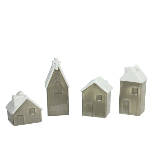 Set of 4 Brown Church and Houses Advent Christmas Taper Candle Holders 4.75"