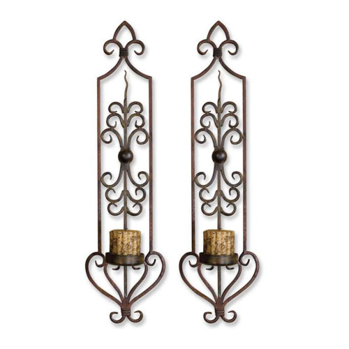 Set of 2 Bronze and Brown Hand-Forged Candle Holder Wall Sconces with Antiqued Candles 30"