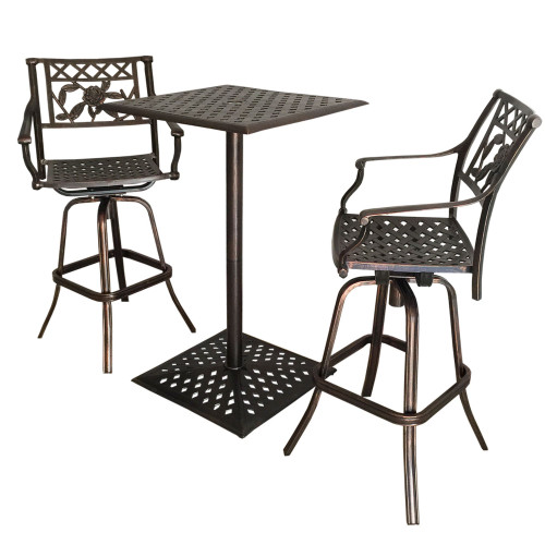 3pc Antique Bronze Rose Cast Aluminum Finish Patio Furniture Square Bar Set 44"