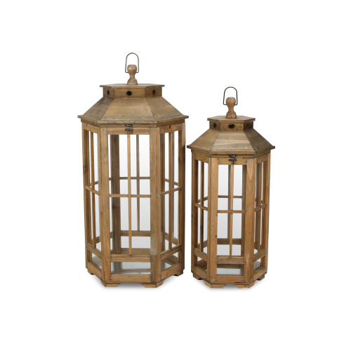 Set of 2 Brown and Clear Hexagon Handmade Lantern with Glass Window 31.5"