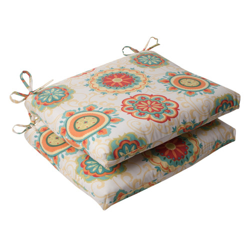 Set of 2 Retro Floral Medallion Outdoor Patio Square Chair Cushions 18.5"