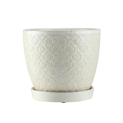 6.5" Cream White and Tan Brown Textured Floral Patterned Planter