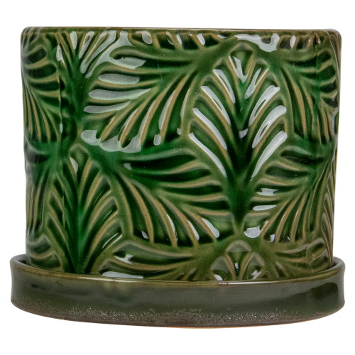 5" Green and Tan Ceramic Leaf Pattern Planter With Reservoir