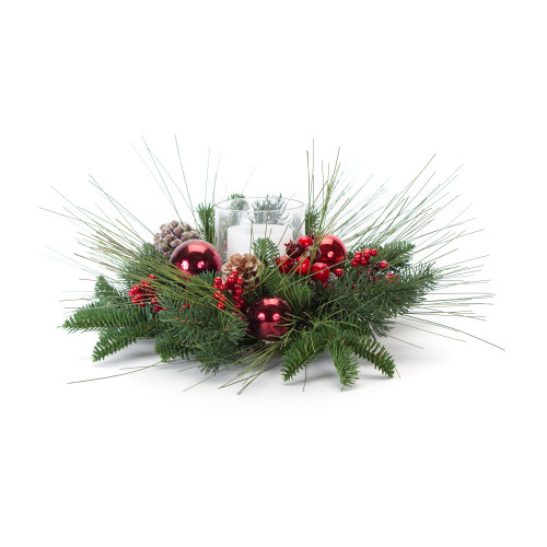 Set of 2 Green Wreath Candle Holder with Pine cones, Berries and Ornaments 21"