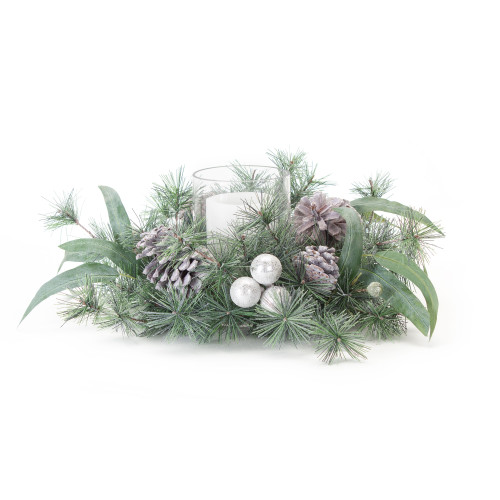 Set of 2 Green Cluster Pine and Eucalyptus Wreath Candle Holder with Pine cones and Ornaments 17"