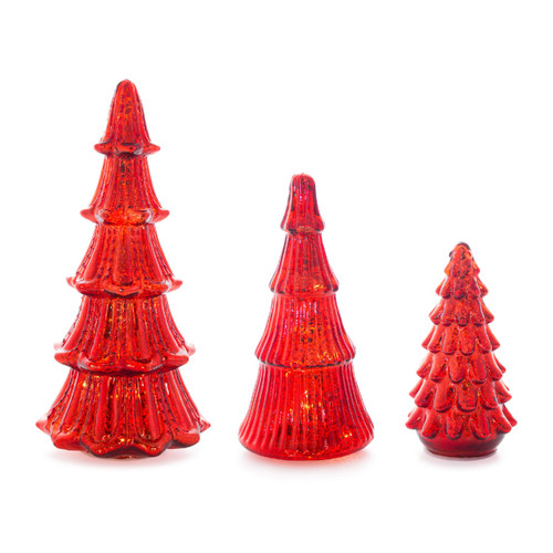 Set of 3 Red LED Glass Christmas Tree 15" (Requires 3 AAA Batteries, Not