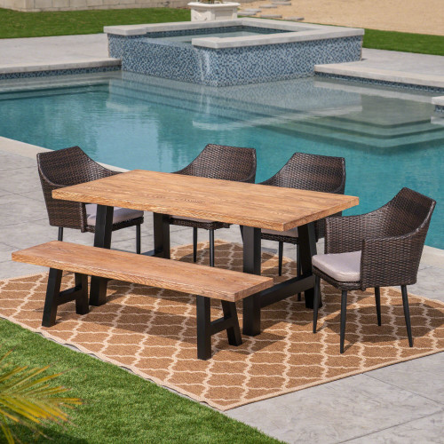 6-Piece Natural Brown Finish Outdoor Furniture Patio Dining Set - Beige Cushions