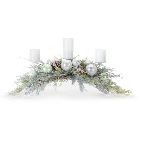 34" White and Green Wreath Candle Holder with Pine Cones and Ornaments