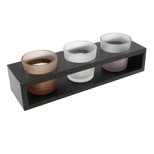 10" Black Wooden Tray with 3 Frosted Glass Votives and Holders