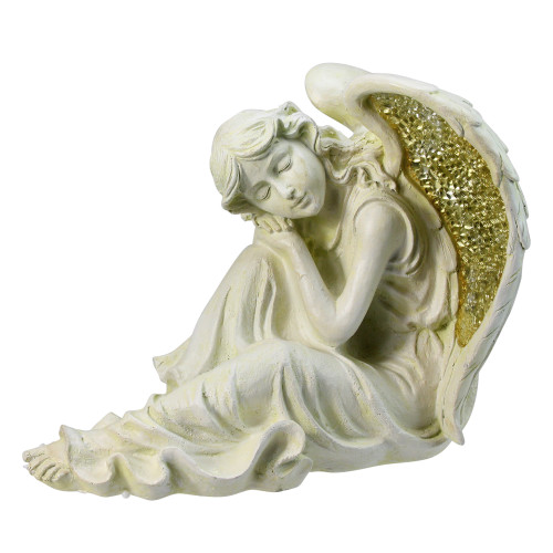 12" Ivory and Gold Mosaic Winged Religious Resting Angel Outdoor Garden Statue