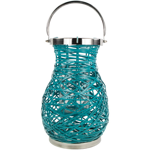 13.5" Turquoise Woven Metal Hurricane Pillar Candle Lantern