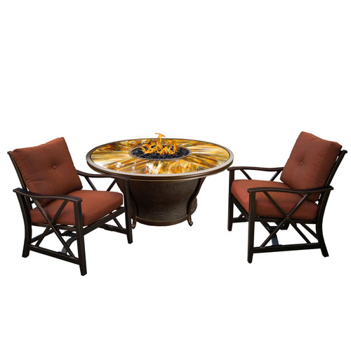 3-Piece Round Glass Top Gas Round Fire Pit Set with Red Patio Rocking Chairs 36"